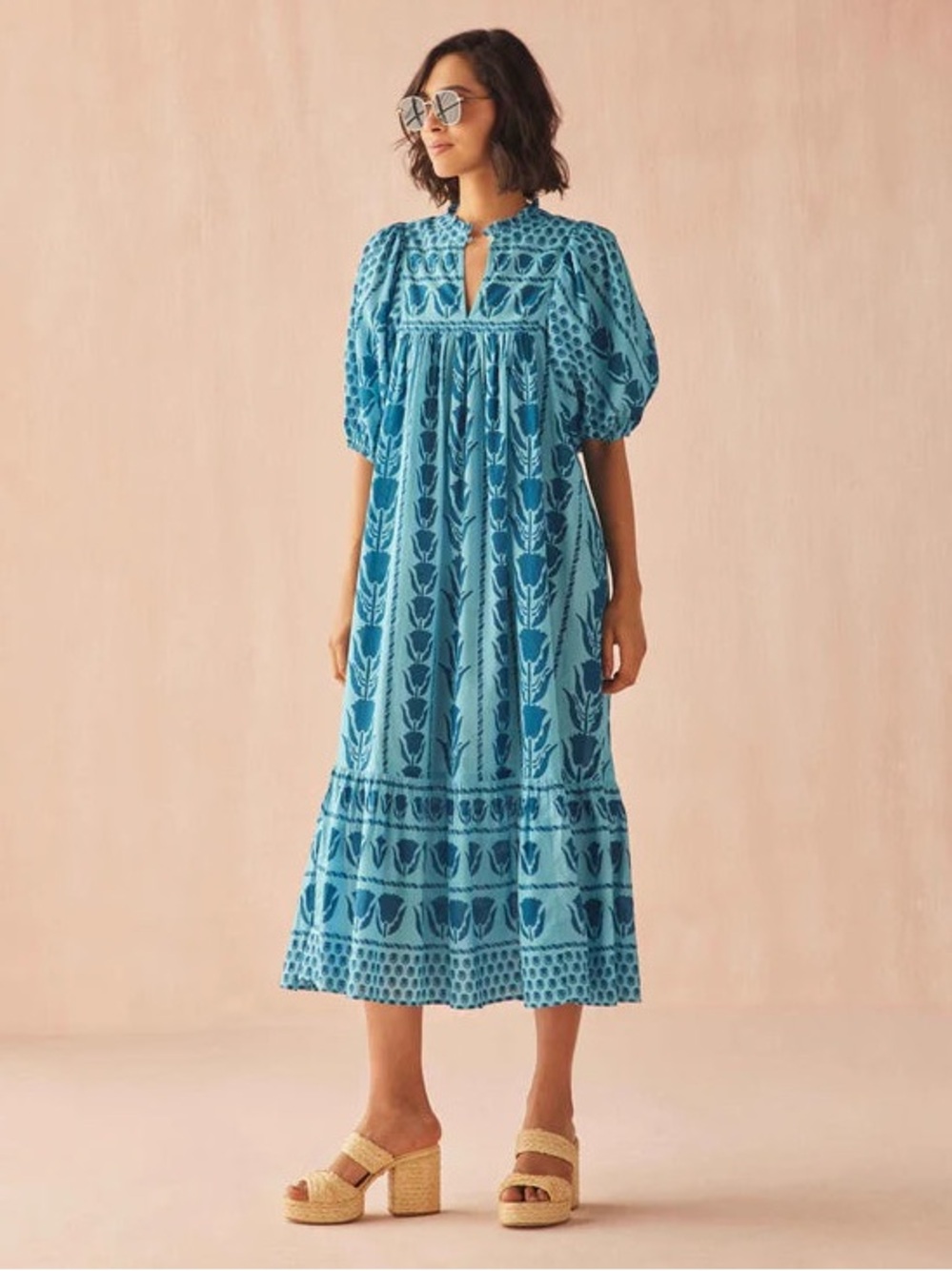 OMIKA Wren Midi Dress Pali Coast Boho Maxi Dress Small Blue Floral Cotton $385